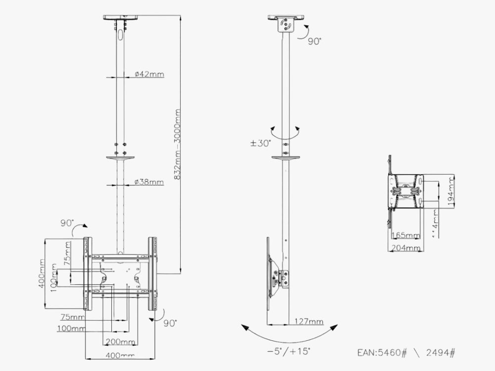 Ceiling mount Medium - Single 32"-65", VESA 400x400